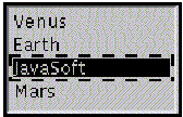 Shows a list containing: Venus, Earth, JavaSoft, and Mars. Javasoft is
selected.