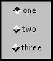 Shows three checkboxes,
arranged vertically, labeled one, two, and three. Checkbox one is in the on
state.